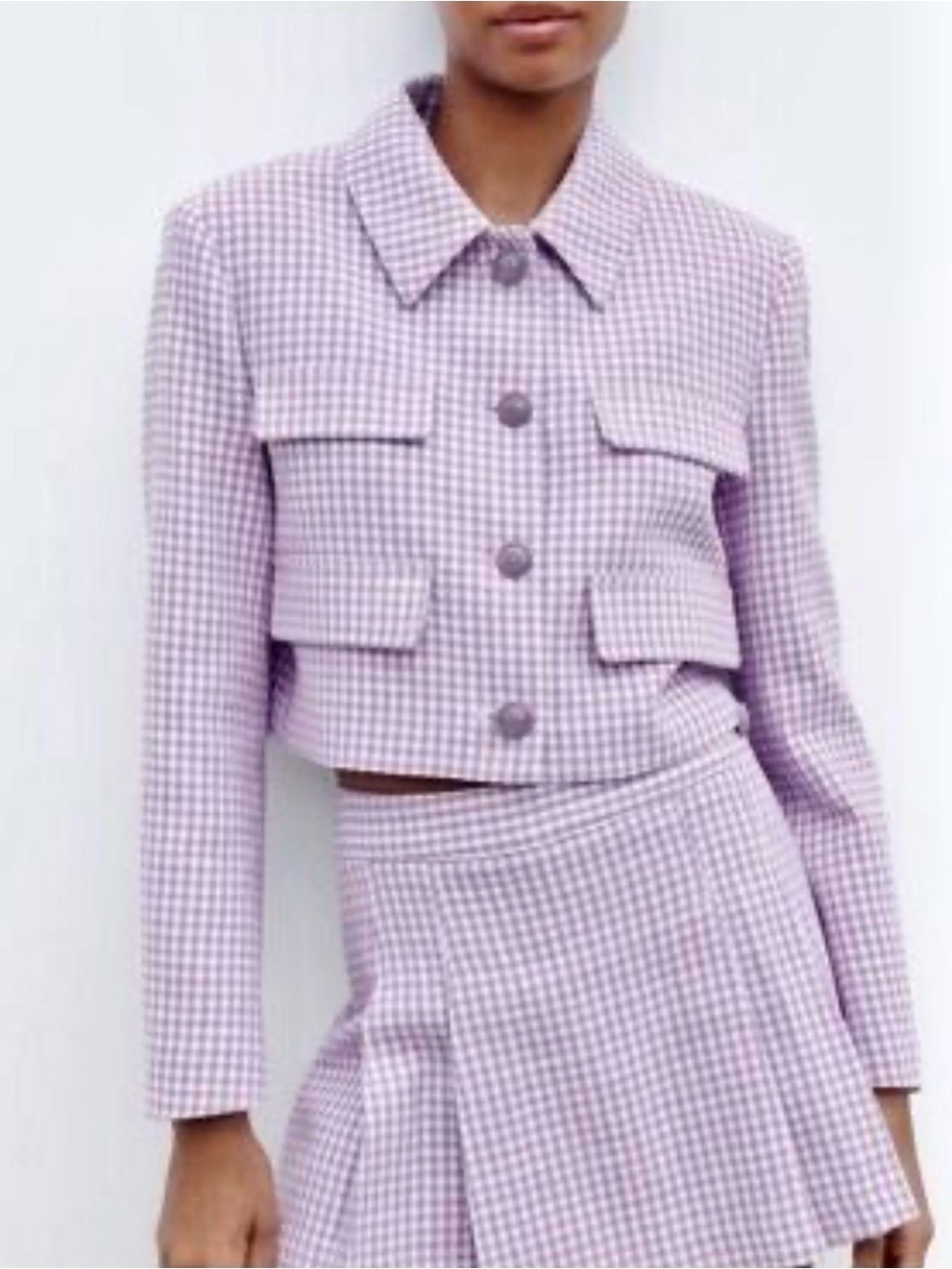 ZARA Cropped Lavender Plaid Cropped Jacket Sz L